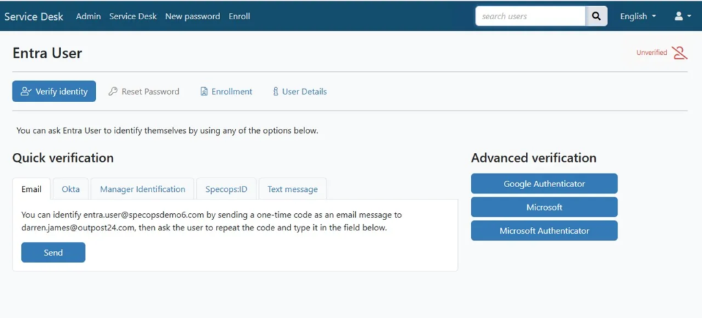 Screenshot Specops Secure Desk Entra User schnelle Verifizierung