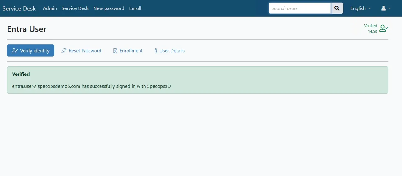 Screenshot Specops Secure Service Desk Entra User verifiziert