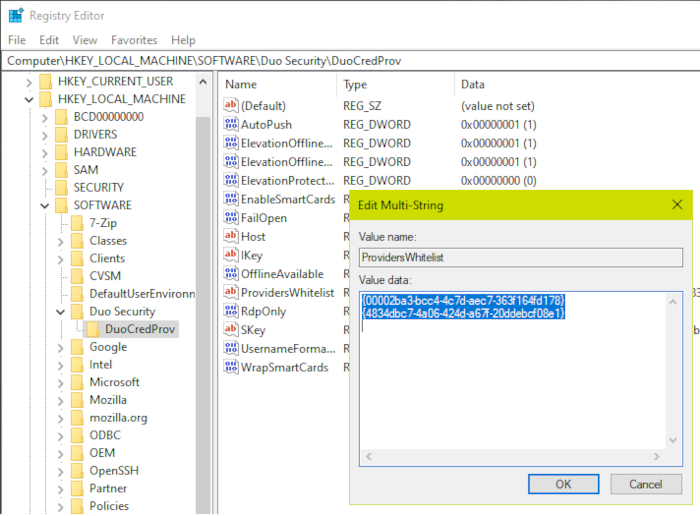 Liste blanche des fournisseurs d'informations d'identification Duo