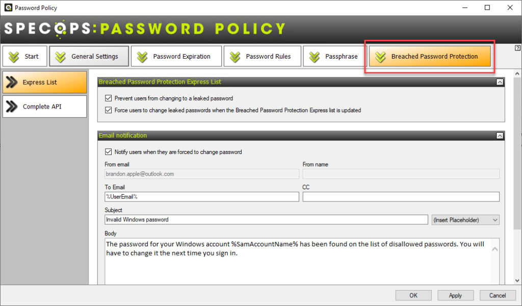 Specops Password Policy Breached Password Protection Interface.