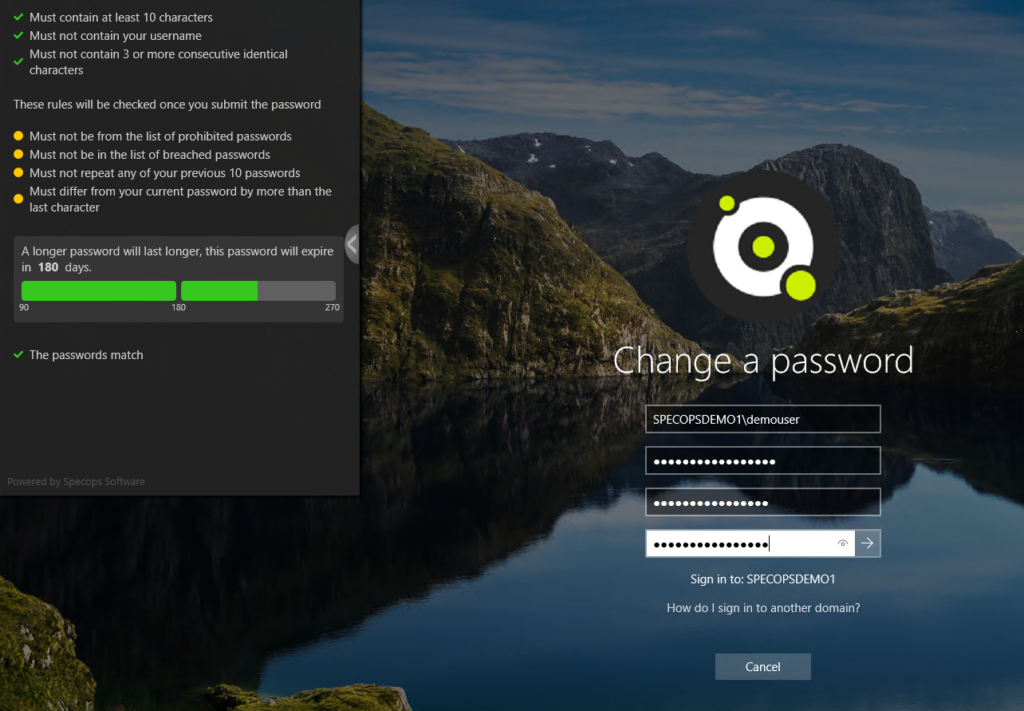 specops password policy 7.6 and the specops authentication client 7.15 screenshot