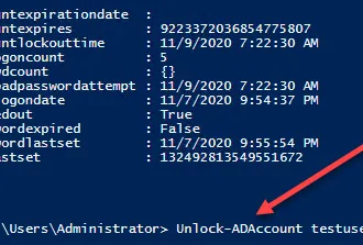 Screenshot of the ADUC snap-in. There is a red arrow pointing to a line that reads "PS C:UsersAdministrator> Unlock-ADAccount testuser".