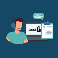 call center tech looking at monitor and clipboard with security lock on it