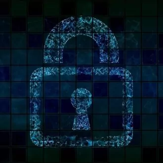 blue closed lock in front of dark backgound