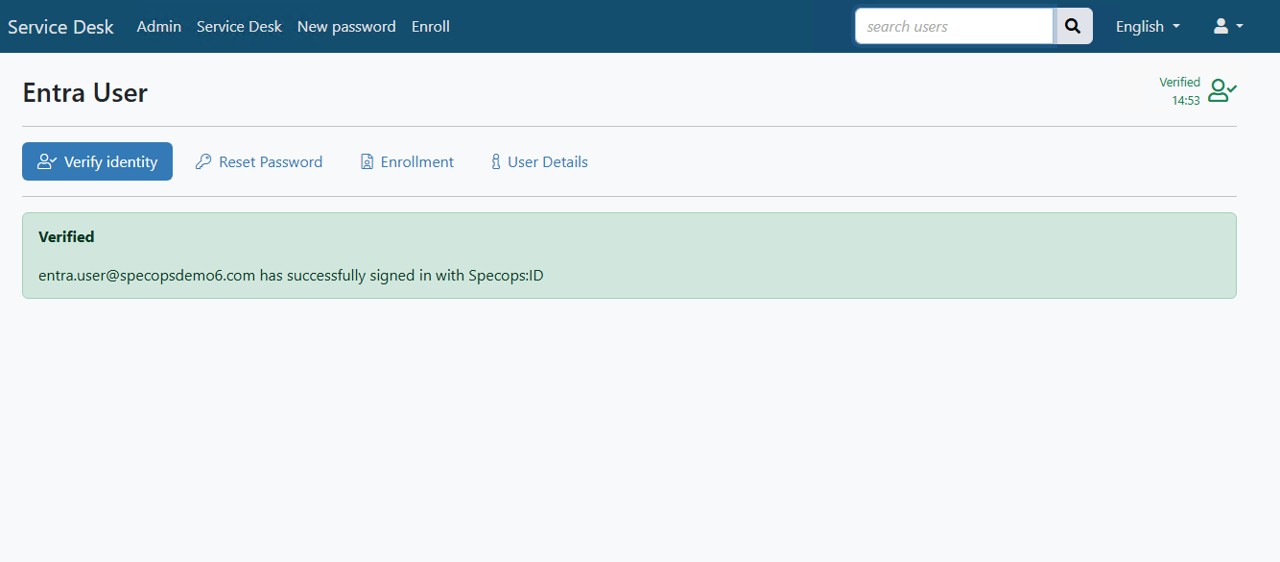 Screenshot of Entra User successful verification within Secure Service Desk