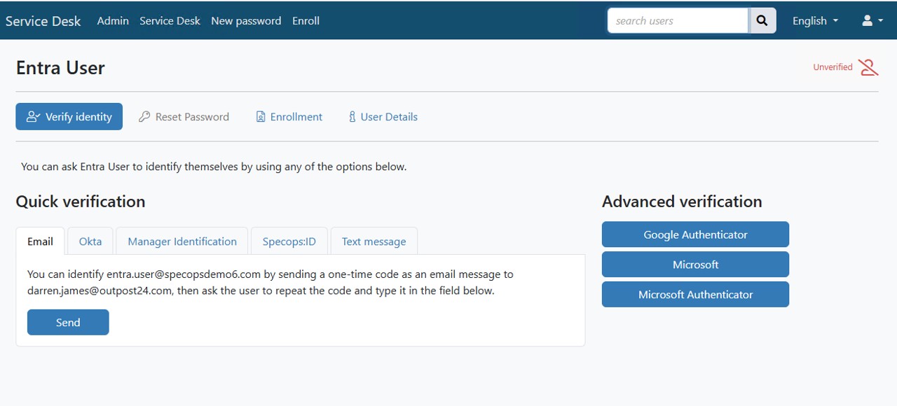 Screenshot of Entra User verification within Secure Service Desk