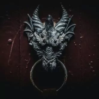 Grey dragon head on door
