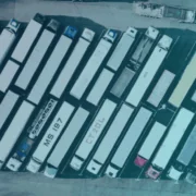 Two rows of lorries viewed from above