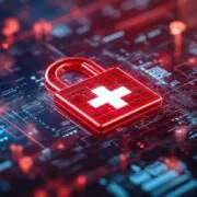 red lock with white cross - cybersecurity in NHS