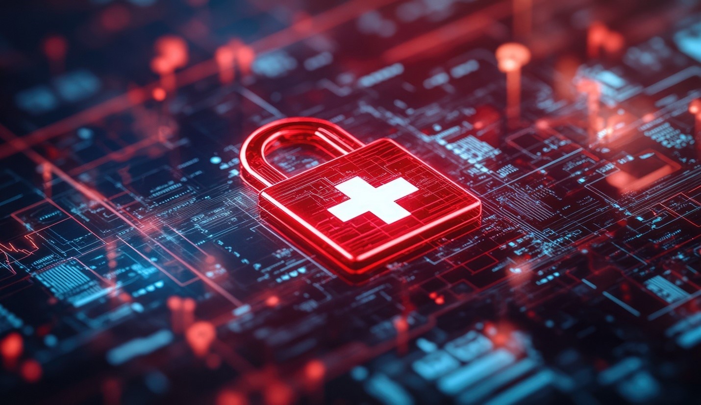 red lock with white cross - cybersecurity in NHS
