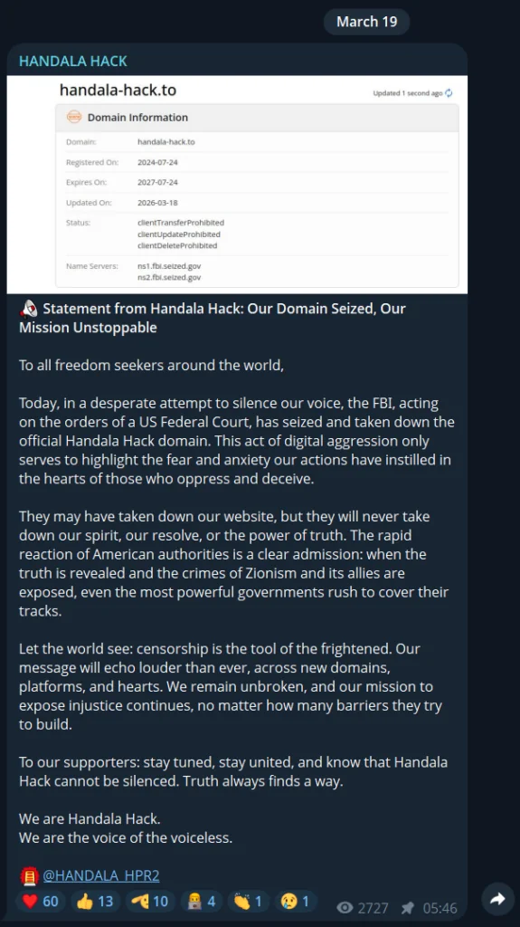 Handala statement on website seizure