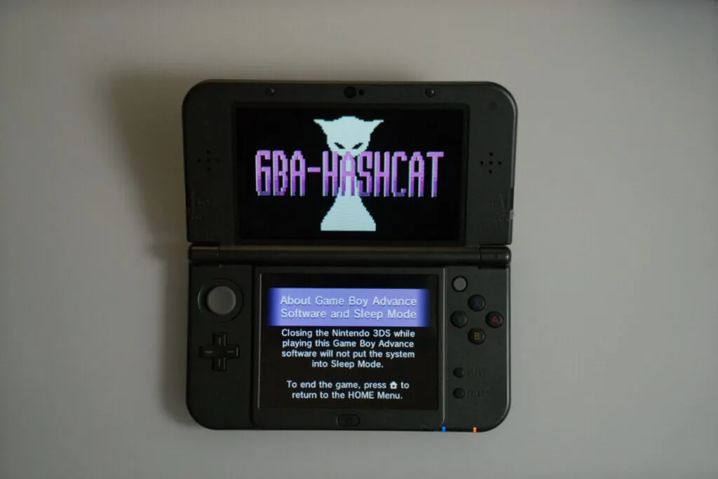 GBA-Hashcat launching in GBA mode on a Nintendo 3DS 
